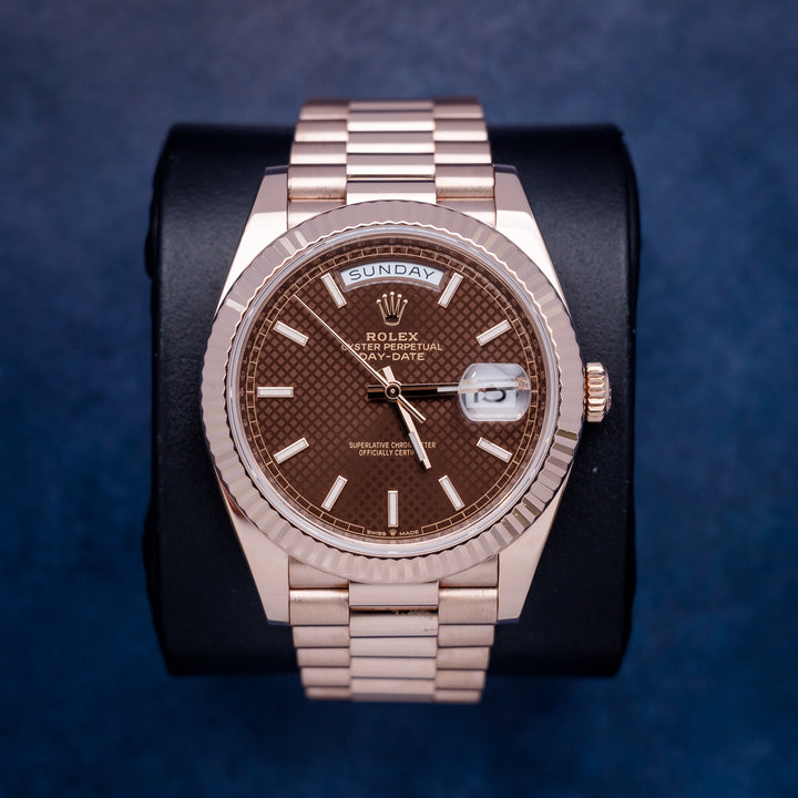 Rolex Day-Date 228235 Rose Gold Chocolate Motif Index Dial – front