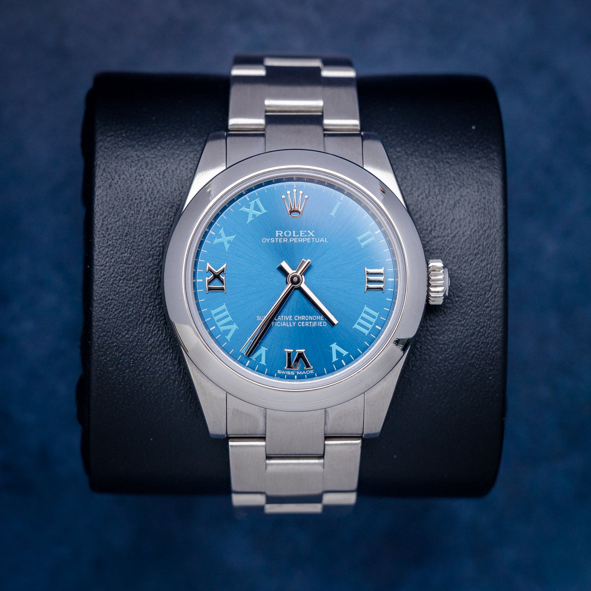 Rolex Oyster Perpetual 177200 Steel Blue Roman Dial – front