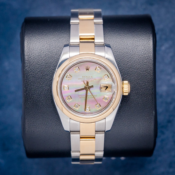 Rolex Datejust 179163 Steel & Yellow Gold Black MOP Diamonds Dial – front