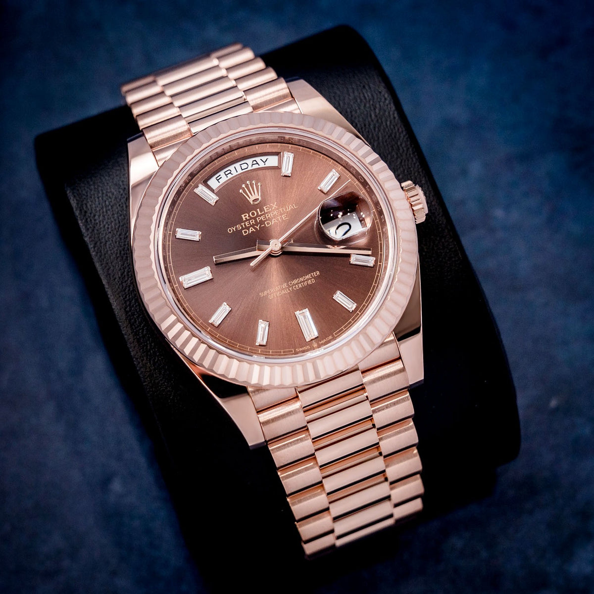 Rolex Day-Date 228235 Rose Gold Chocolate Baguette Dial – dial close-up
