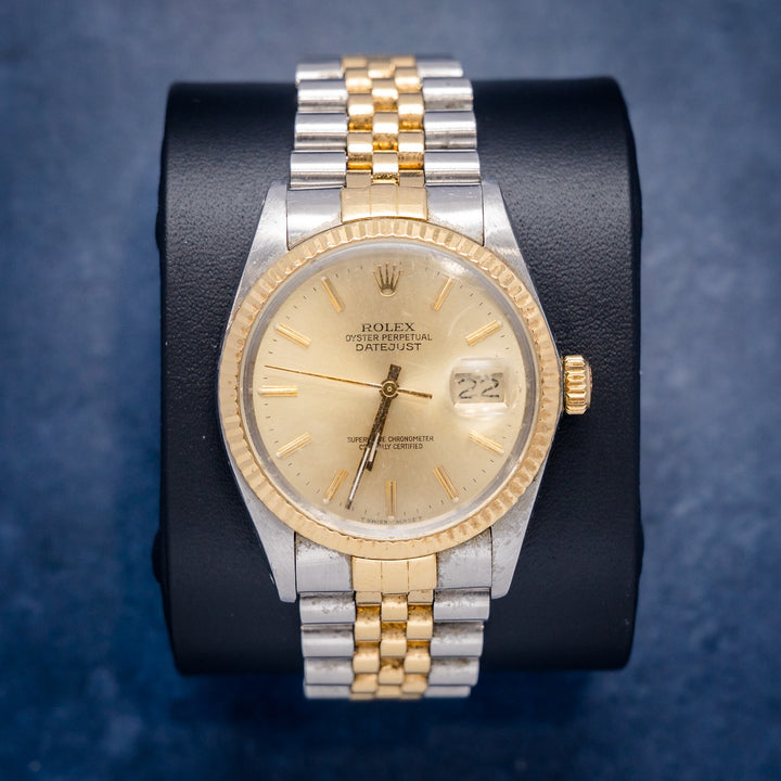 Rolex Datejust 16013 Steel & Yellow Gold Champagne Stick Dial – front