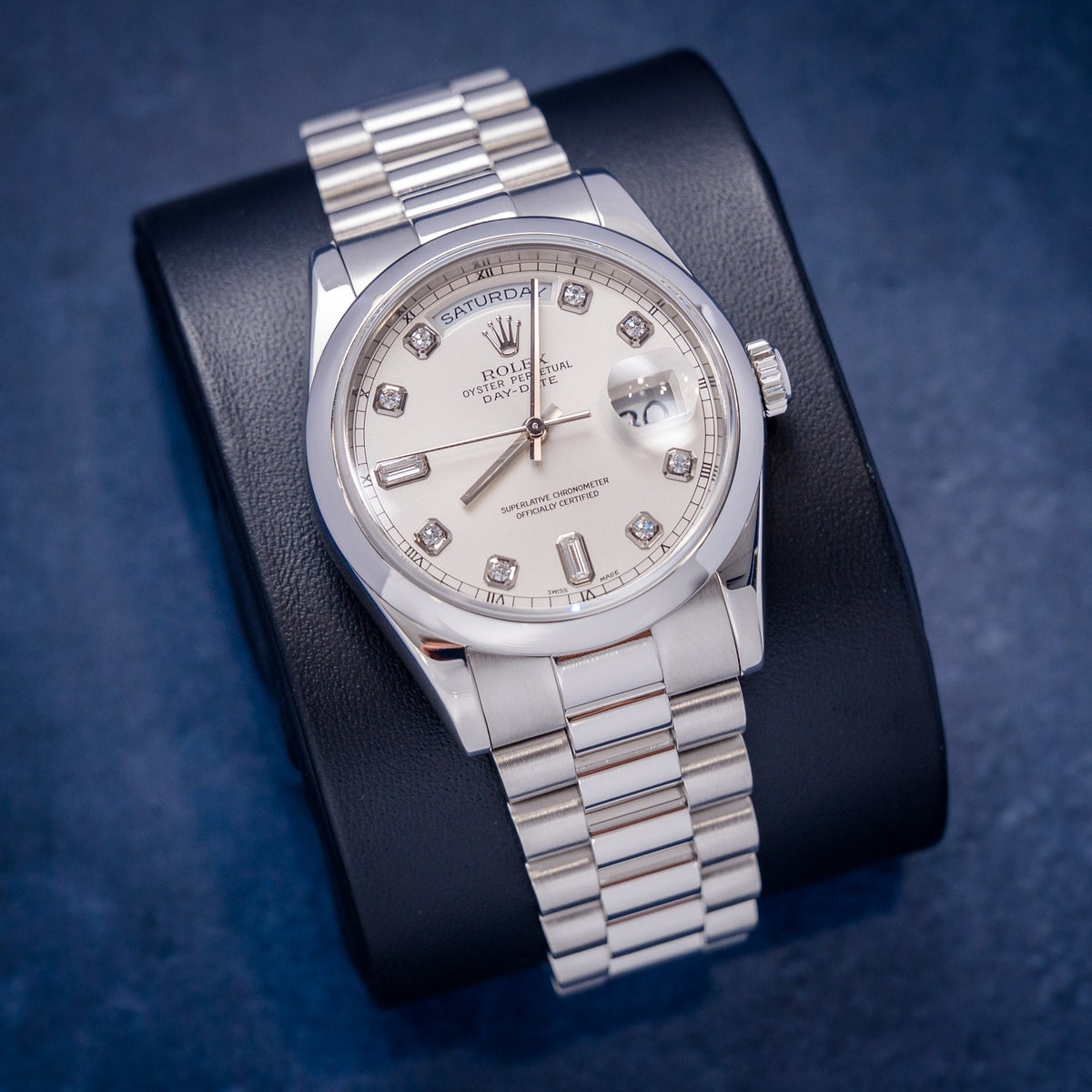 Rolex Day-Date 118206 Platinum Factory Silver Diamond Dial – dial close-up
