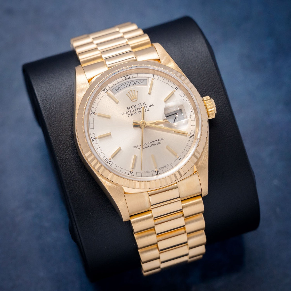 Rolex Day-Date 18038 Yellow Gold Silver Stick Dial – dial close-up