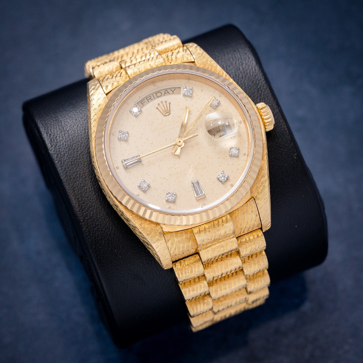 Rolex Day-Date 18038 Yellow Gold Champagne Stick Dial – dial close-up