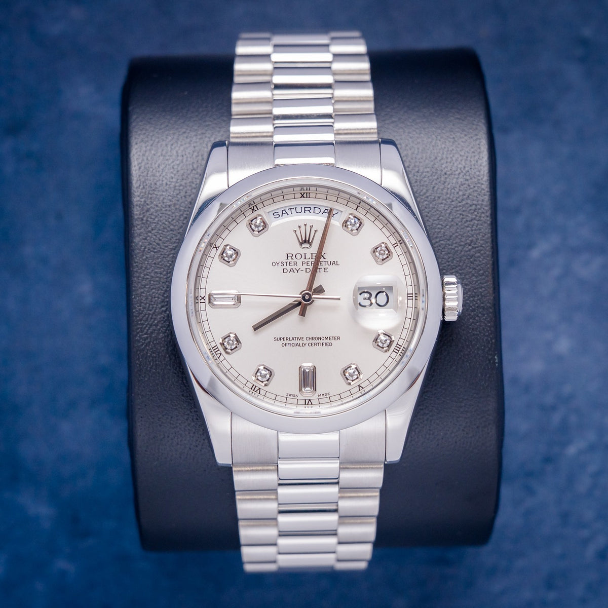 Rolex Day-Date 118206 Platinum Factory Silver Diamond Dial – front