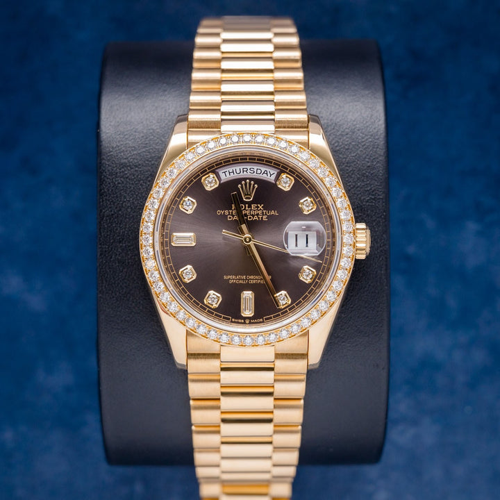 Rolex Day-Date 128348RBR Yellow Gold Charcoal Diamond Dial – front