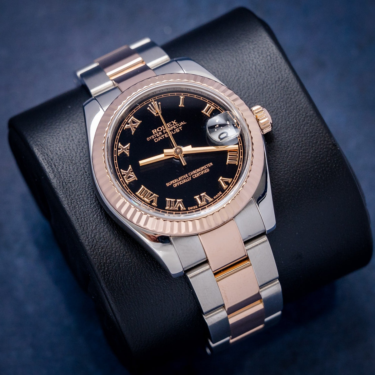Rolex Datejust 178271 Steel & Rose Gold Black Dial – dial close-up