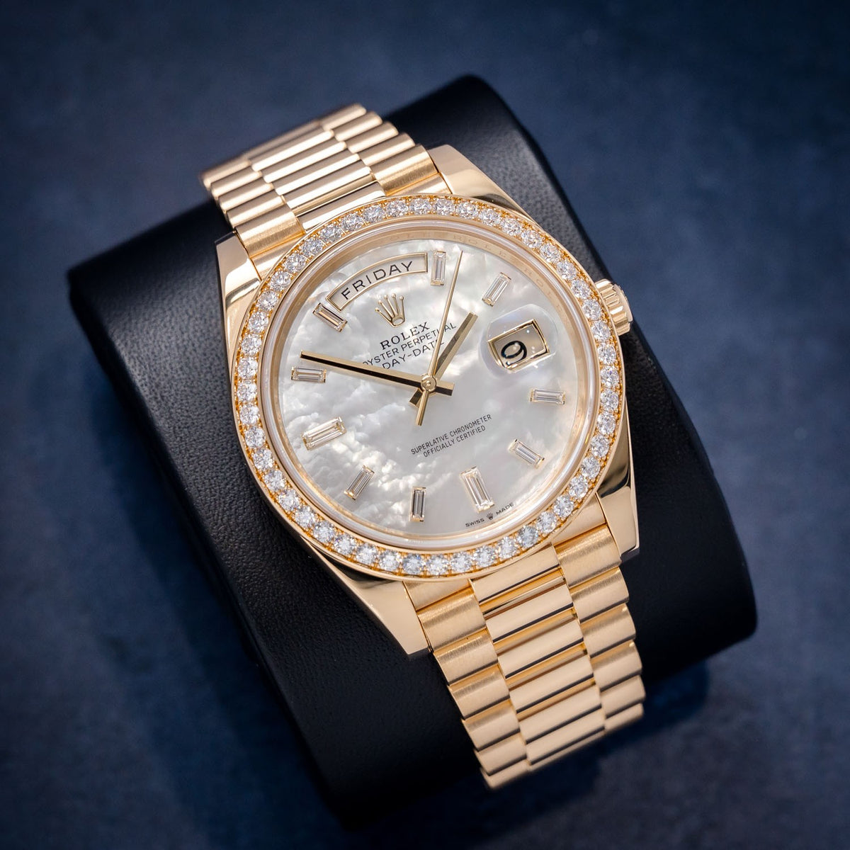 Rolex Day-Date 228348RBR MOP Baguette Diamond Dial – dial close-up