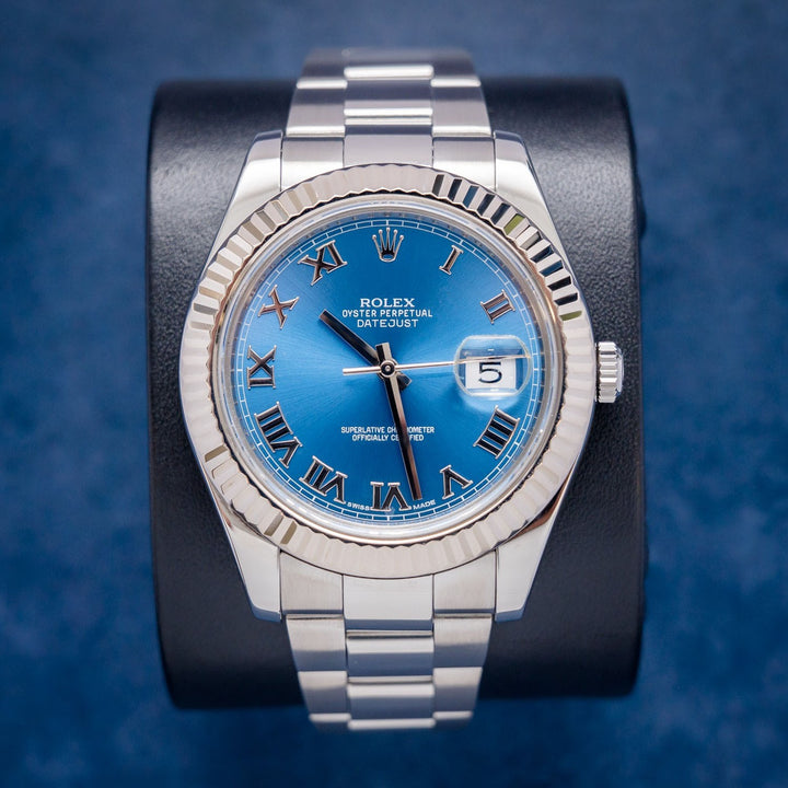Rolex Datejust II 116334 Steel & White Gold Blue Azzuro Dial – front