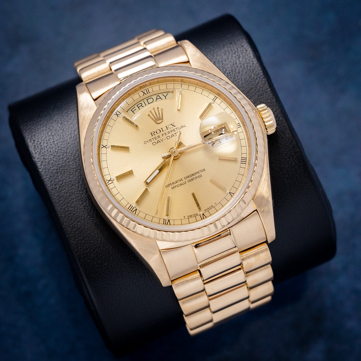 Rolex Day-Date DD36 18038 Yellow Gold Champagne Stick Dial – dial close-up