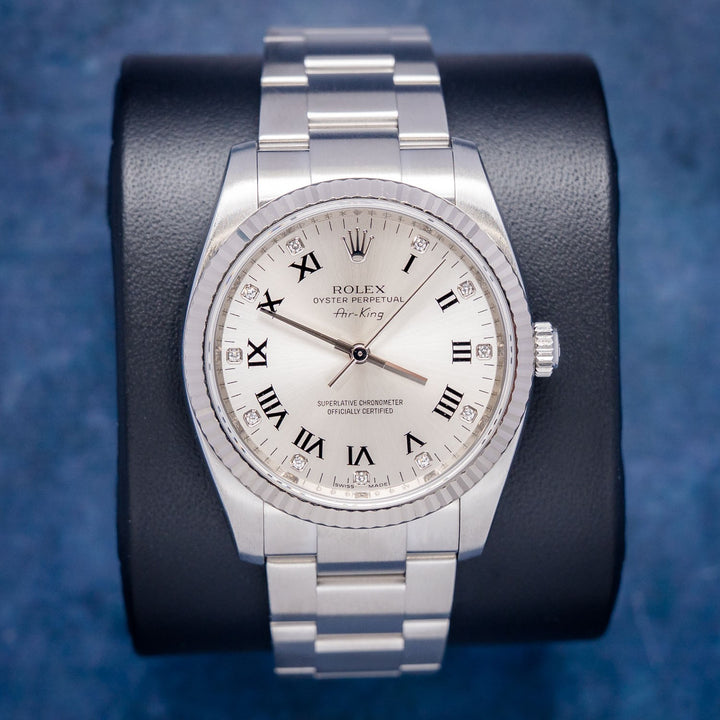 Rolex Air-King 114234 Steel & White Gold Black Roman Diamond Dial – front