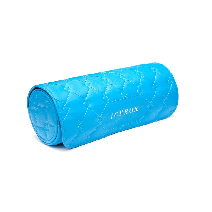 Icebox Leather Three Watch Roll in blue, exterior view