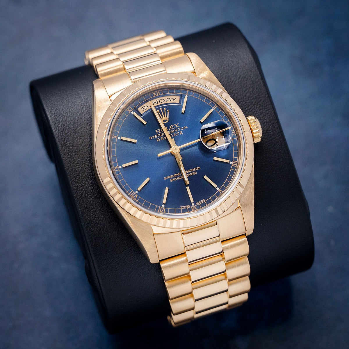 Rolex Day-Date 18238 Yellow Gold Blue Stick Dial – dial close-up