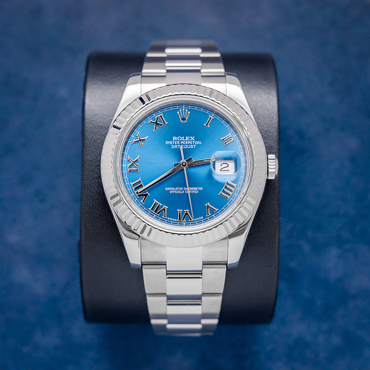 Rolex Datejust 116334 Steel & White Gold Blue Azzuro Roman Dial – front