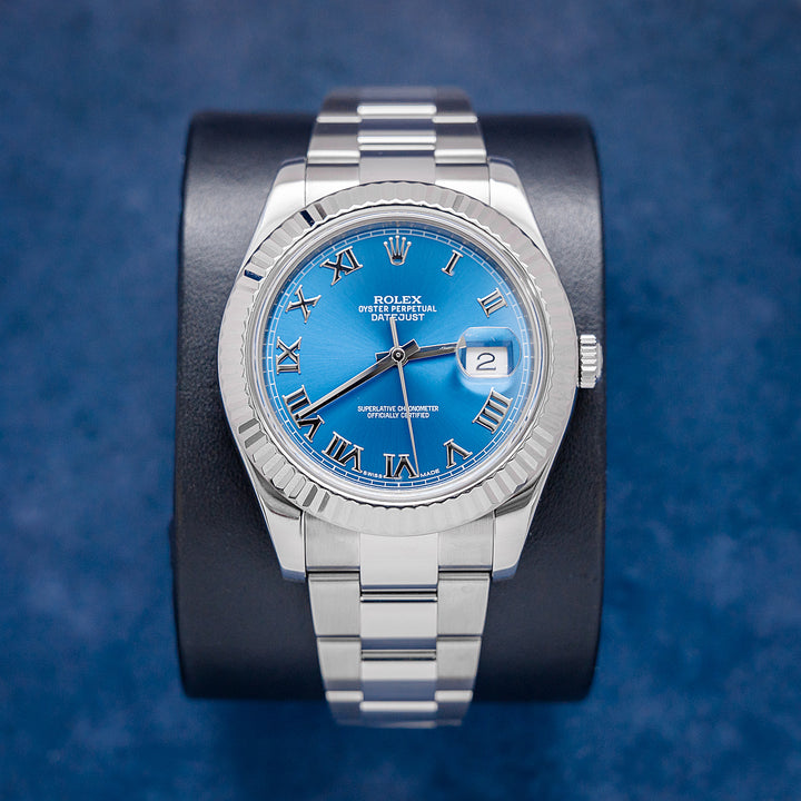 Rolex Datejust 116334 Steel & White Gold Blue Azzuro Roman Dial – front
