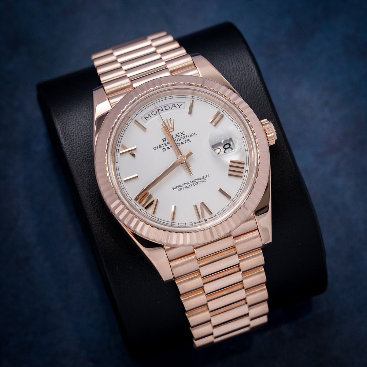 Rolex Day-Date 228235 Rose Gold Roman Dial – dial close-up