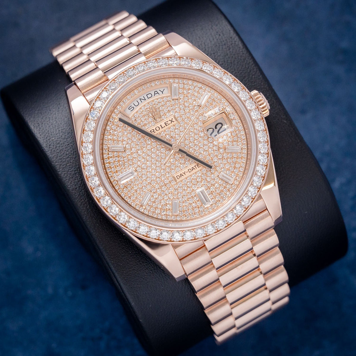 Rolex Day-Date 228345RBR Rose Gold Pave Diamond Dial – dial close-up