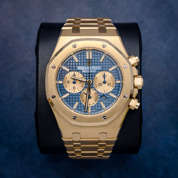 Audemars Piguet Royal Oak Chrono 26331BA Yellow Gold Blue Dial – front