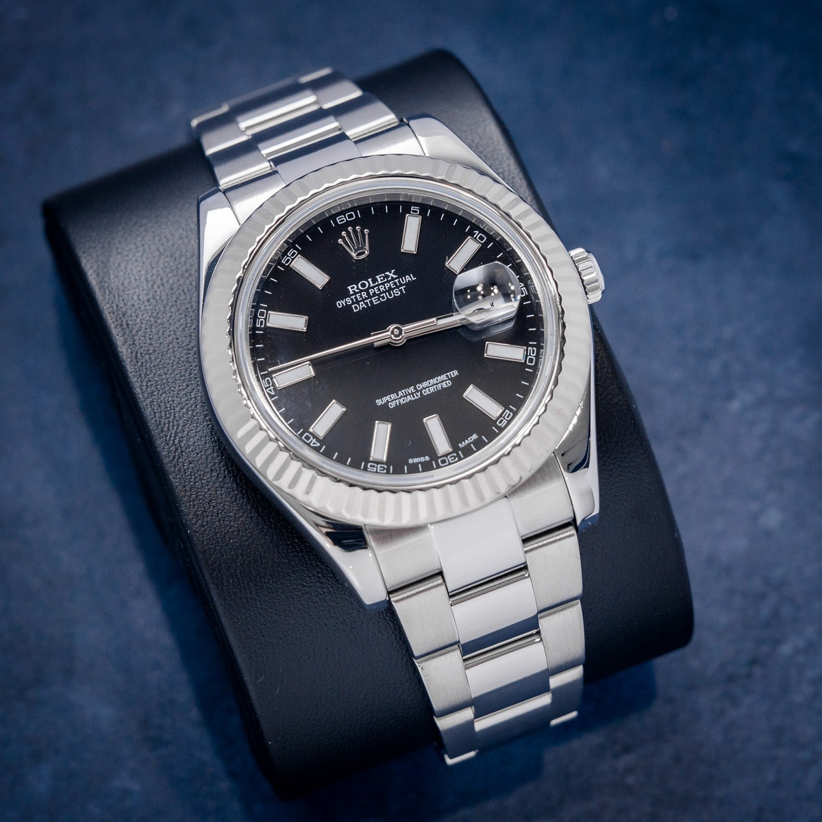 Rolex Datejust II 116334 Steel & White Gold Black Index Dial – dial close-up