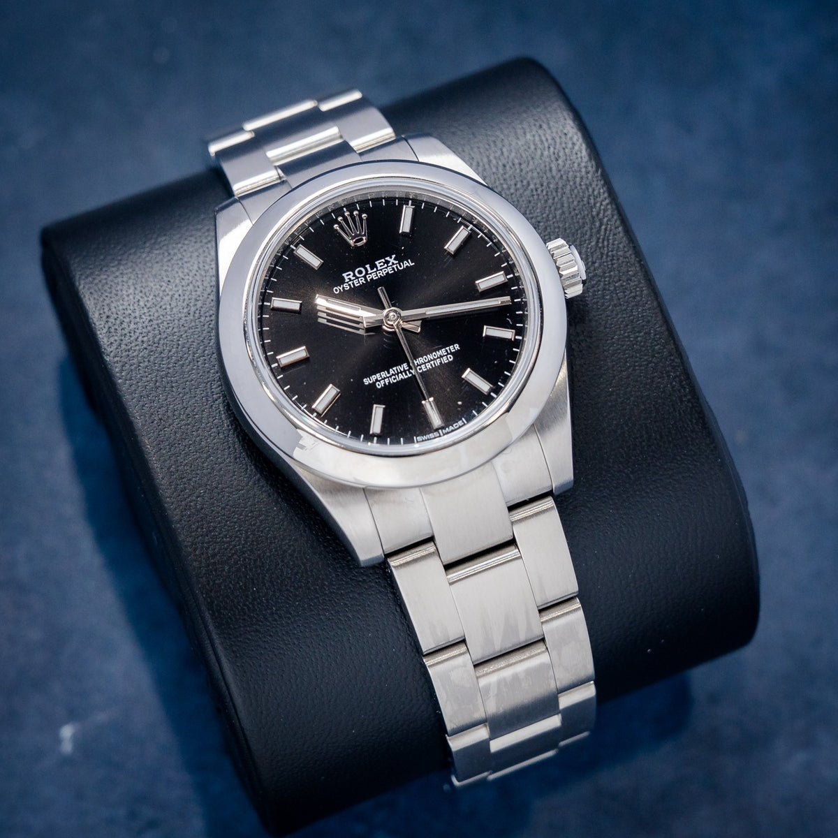 Rolex Oyster Perpetual 177200 Steel Black Dial – dial close-up