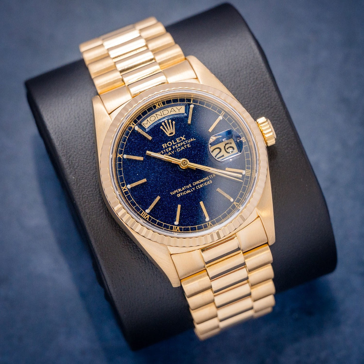 Rolex Day-Date 18038 Yellow Gold Blue Index Dial – dial close-up