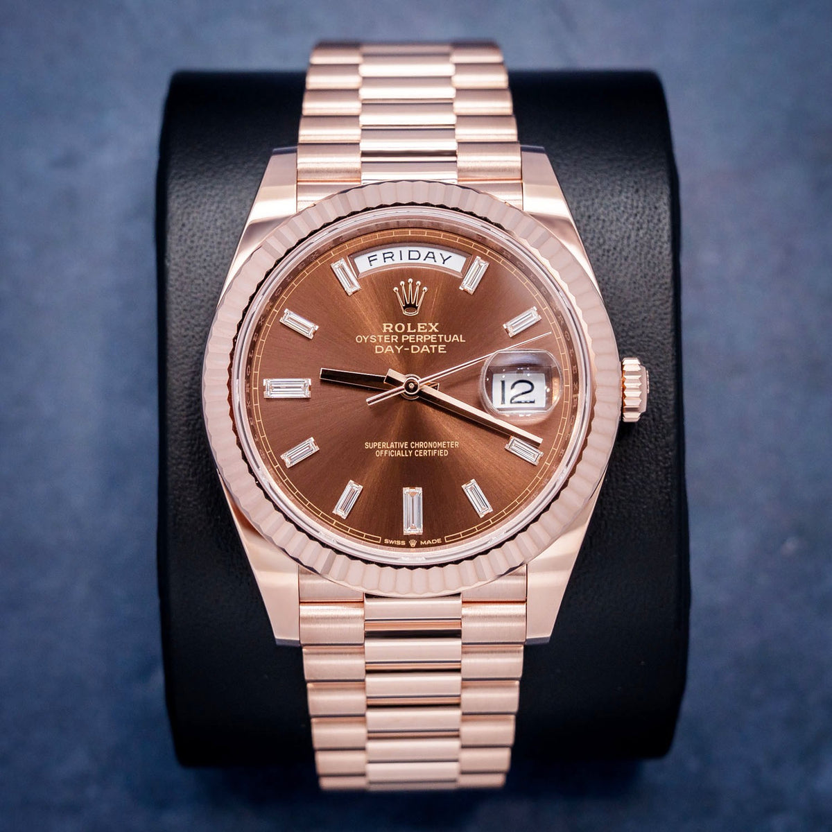 Rolex Day-Date 228235 Rose Gold Chocolate Baguette Dial – front