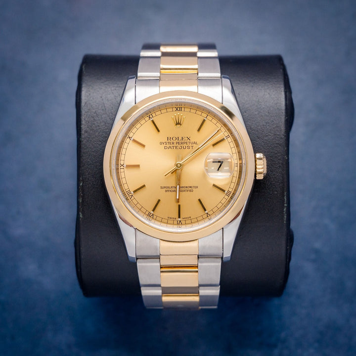 Rolex Datejust 16203 Steel & Yellow Gold Champagne Stick Dial – front