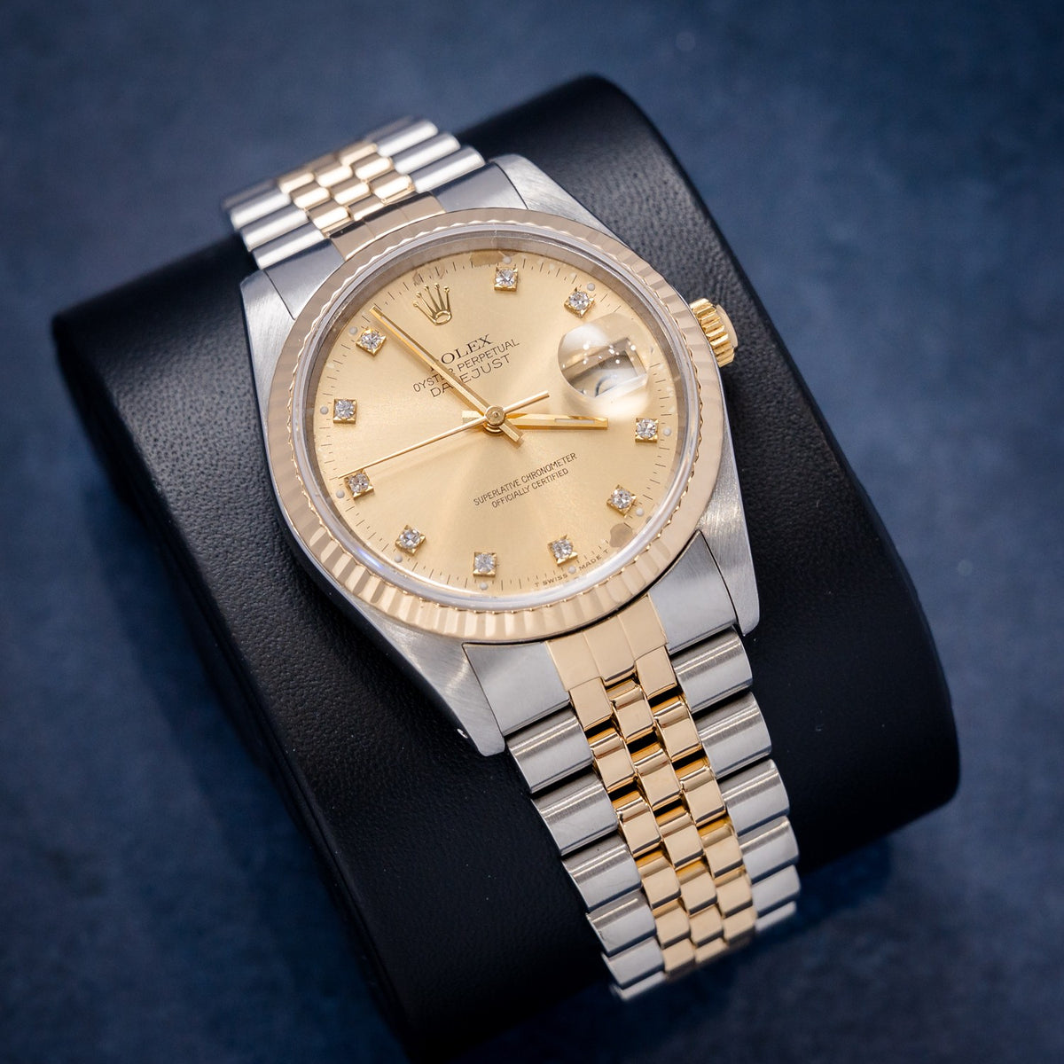 Rolex Datejust 16233 Steel & Yellow Gold Champagne Diamond Dial – dial close-up