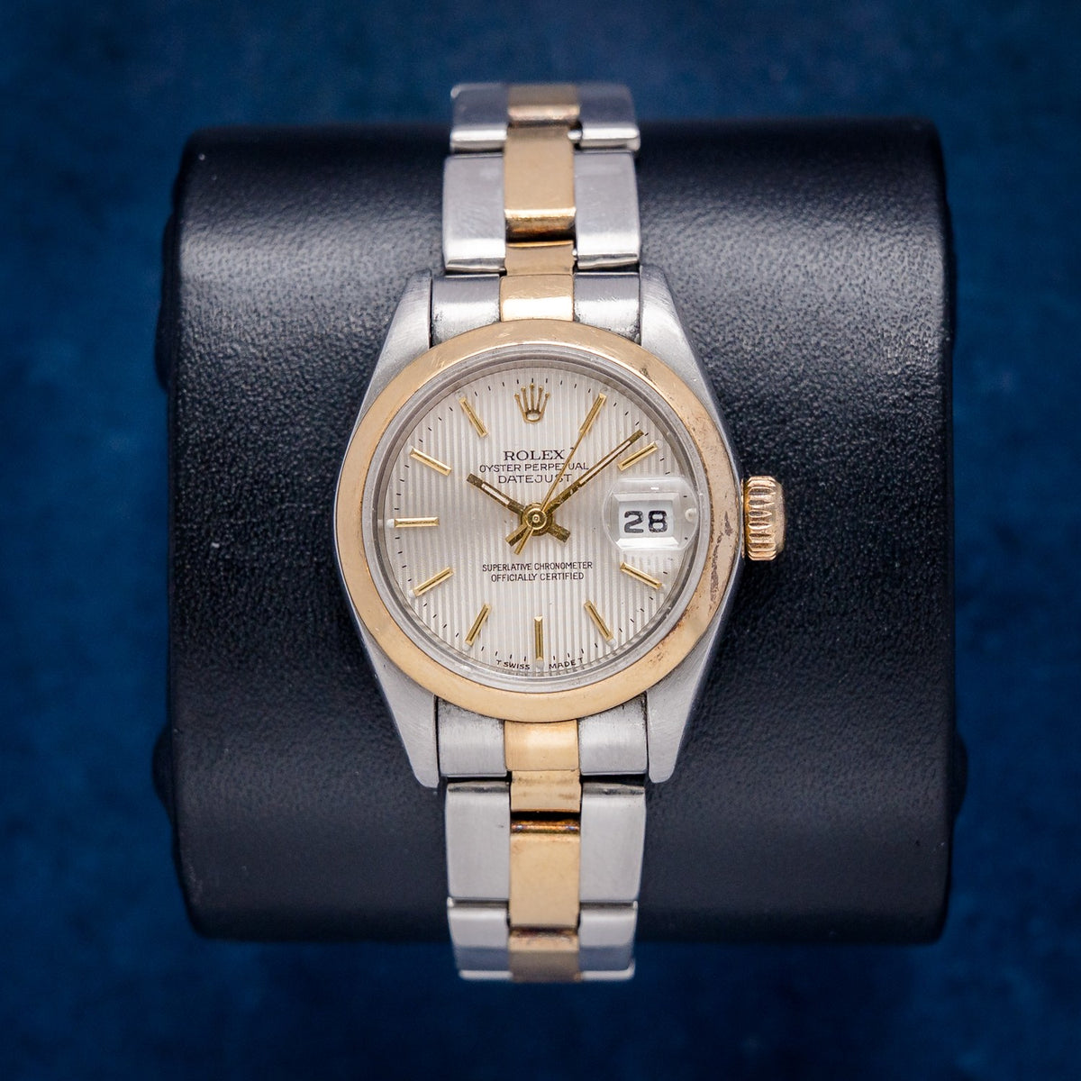 Rolex Datejust 69163 Steel & Yellow Gold Silver Index Tapestry Dial – front