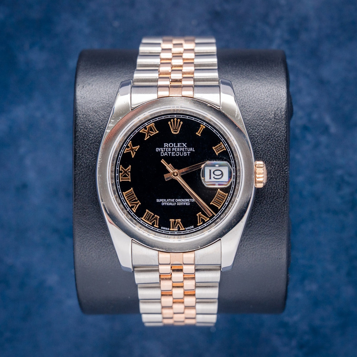 Rolex Datejust 116231 Steel & Rose Gold Black Roman Dial – front