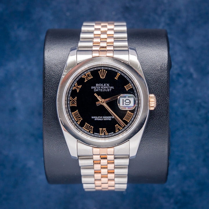 Rolex Datejust 116231 Steel & Rose Gold Black Roman Dial – front