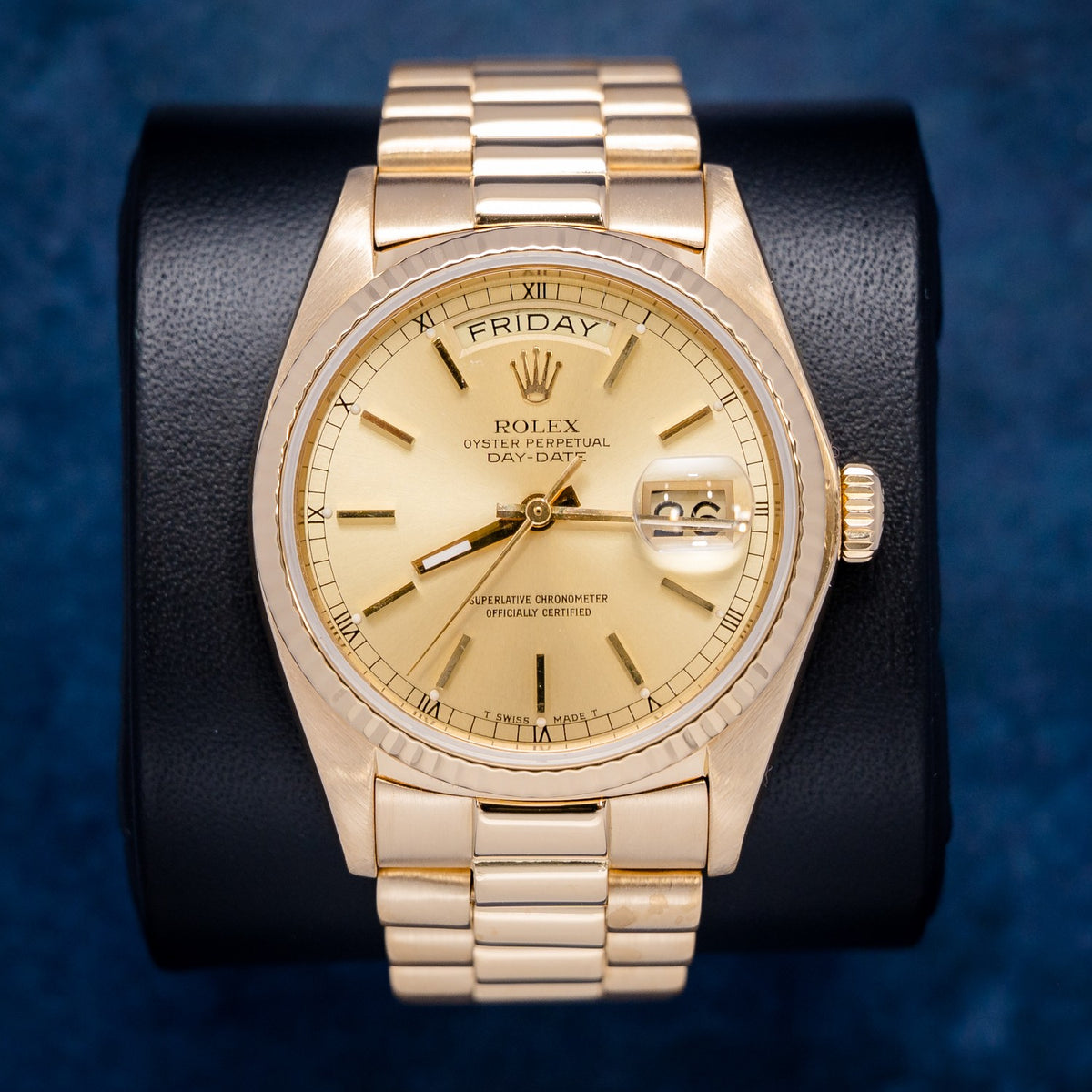 Rolex Day-Date DD36 18038 Yellow Gold Champagne Stick Dial – front