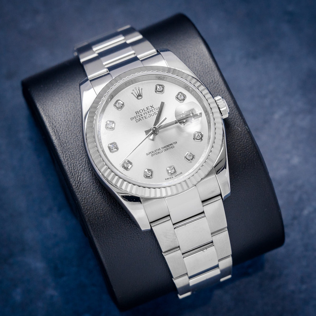 Rolex Datejust 116234 Steel Silver Diamond Dial – dial close-up