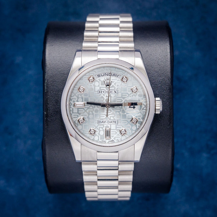 Rolex Day-Date 118206 Platinum Glacier Blue Diamond Dial – front